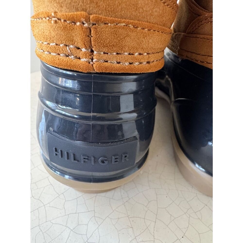Tommy Hilfiger Navy and Tan Rubber Duck Rain Boots Faux-Fur Lined Plaid Size 7M - Picture 10 of 12